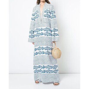 Rebecca de Ravenel Fish Print Maxi Dress Linen Blue White Tunic Kaftan Caftan XS